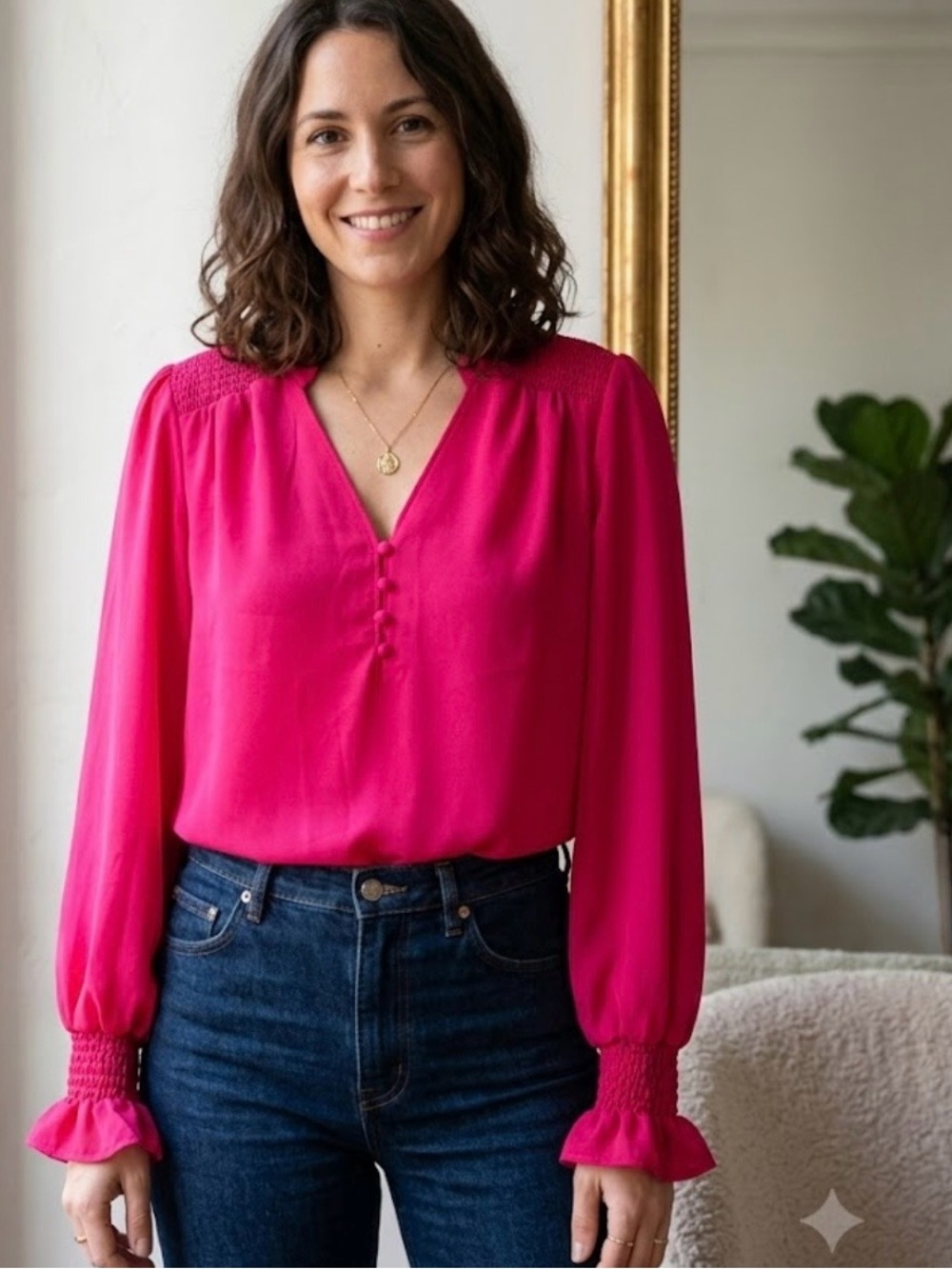 CeCe Fuchsia V-Neck Blouse with Smocked Cuff Elbow Ruffle Long Sleeve Blouse